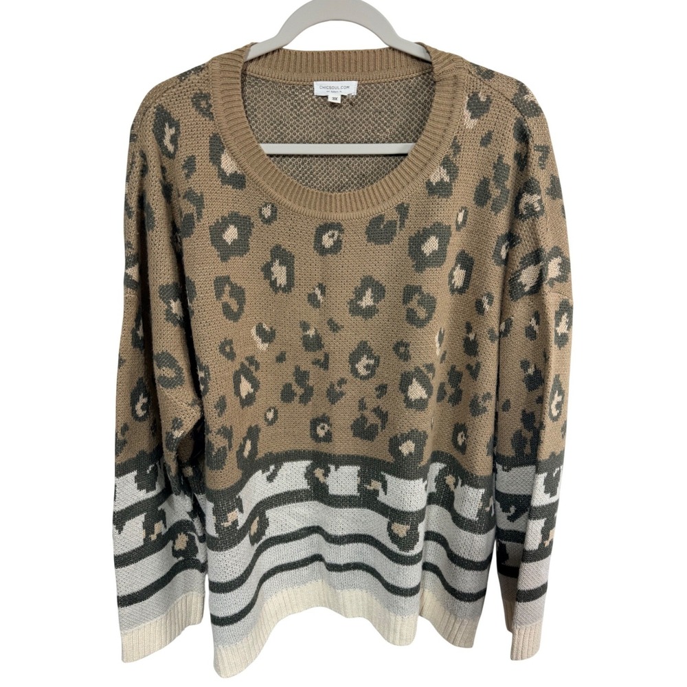 Chic Soul Sweater Leopard Striped Pullover 3X Brown Boho Preppy Animal Print